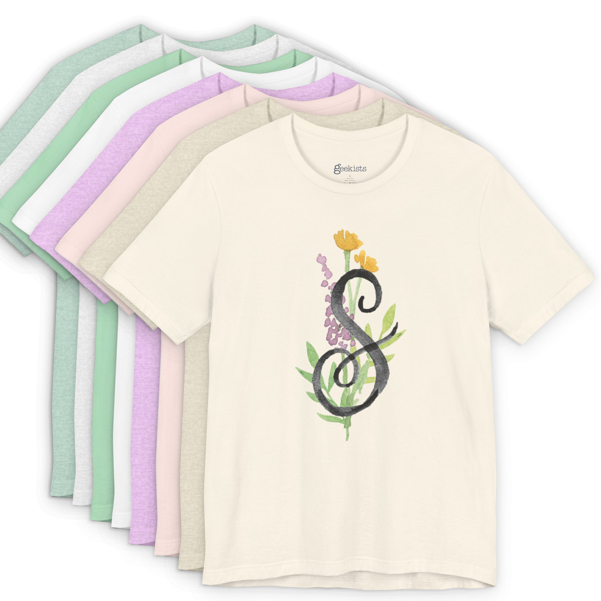 Clothing Stuff > Shirts & Tops > Unisex Jersey Tee Watercolor Flower Letter S T-Shirt – Garden Nerd Tee for Plant Moms