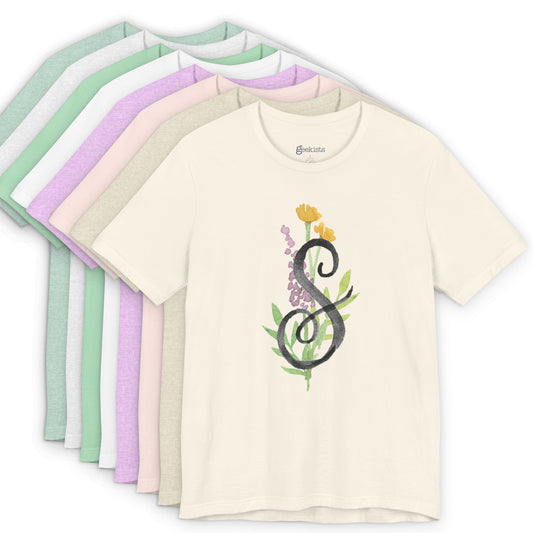 Clothing Stuff > Shirts & Tops > Unisex Jersey Tee Watercolor Flower Letter S T-Shirt – Garden Nerd Tee for Plant Moms