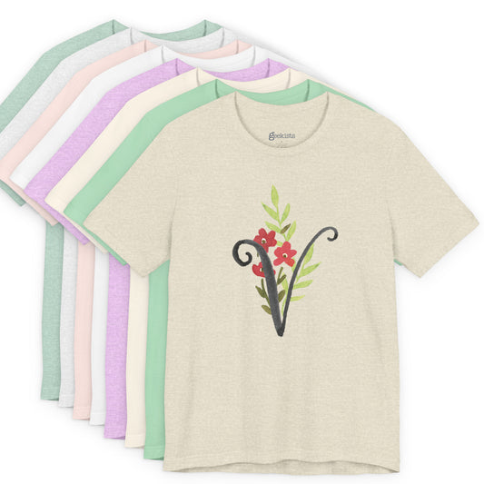 Clothing Stuff > Shirts & Tops > Unisex Jersey Tee Watercolor Flower Letter V T-Shirt – Garden Nerd Tee for Plant Moms