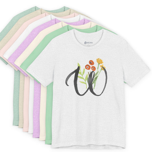 Clothing Stuff > Shirts & Tops > Unisex Jersey Tee Watercolor Flower Letter W T-Shirt – Garden Nerd Tee for Plant Moms