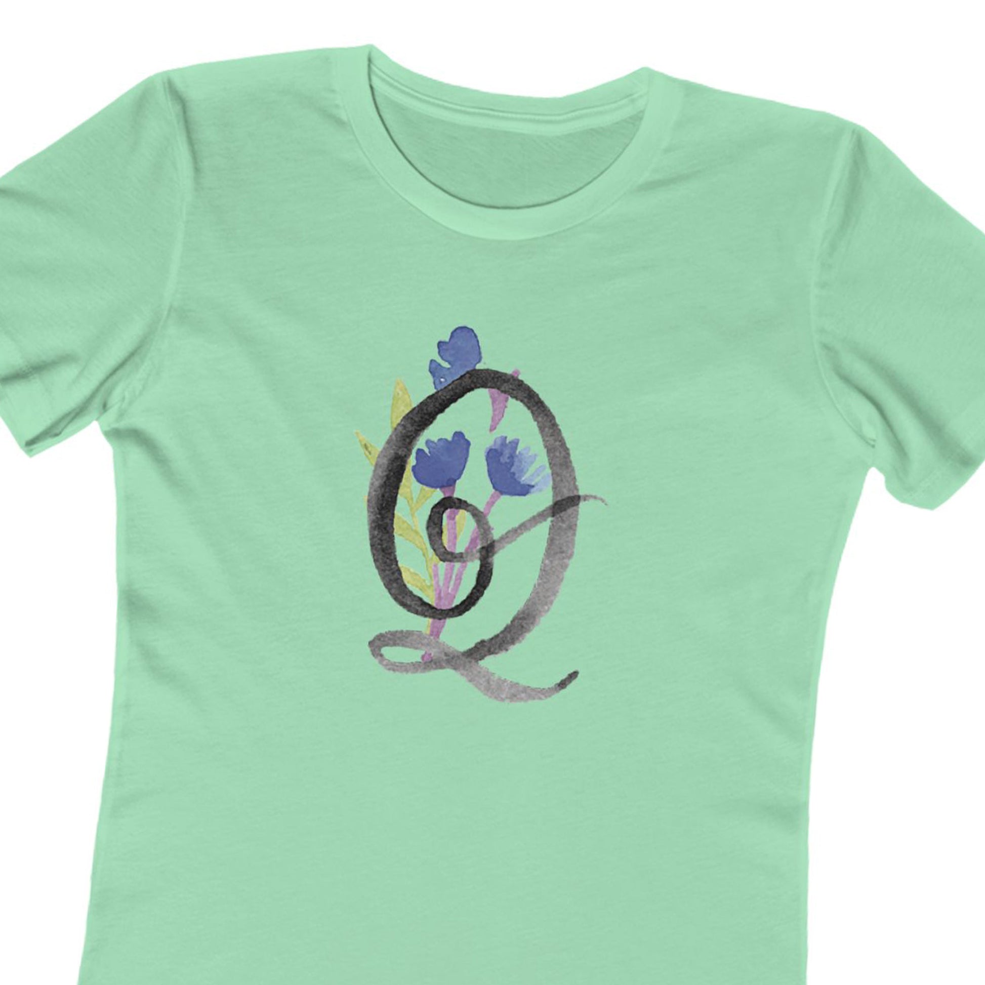 Clothing Stuff > Shirts & Tops > Women's Slim Fit Tee Watercolor Flower Letter Q T-Shirt – Garden Nerd Tee for Plant Moms