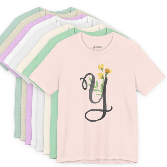 Clothing Stuff > Shirts & Tops > Unisex Jersey Tee Watercolor Flower Letter Y T-Shirt – Garden Nerd Tee for Plant Moms