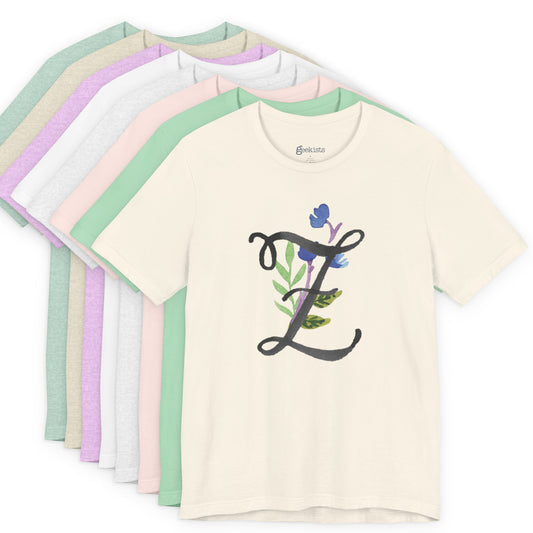 Clothing Stuff > Shirts & Tops > Unisex Jersey Tee Watercolor Flower Letter Z T-Shirt – Garden Nerd Tee for Plant Moms