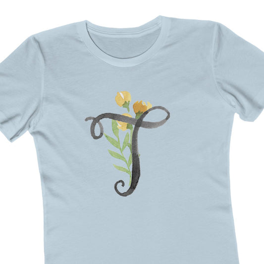 Clothing Stuff > Shirts & Tops > Women's Slim Fit Tee Watercolor Flower Letter T T-Shirt – Garden Nerd Tee for Plant Moms
