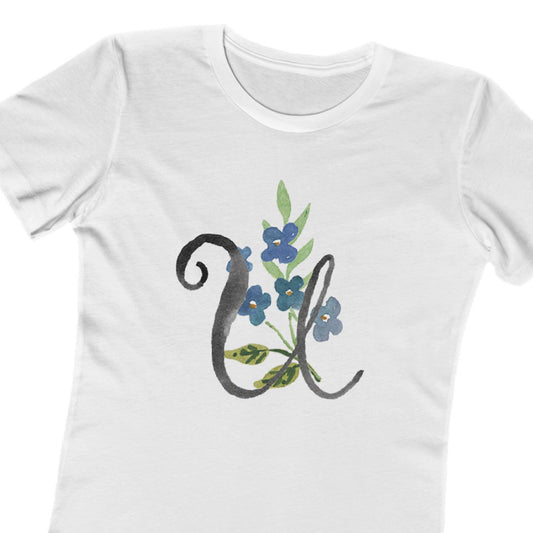 Clothing Stuff > Shirts & Tops > Women's Slim Fit Tee Watercolor Flower Letter U T-Shirt – Garden Nerd Tee for Plant Moms