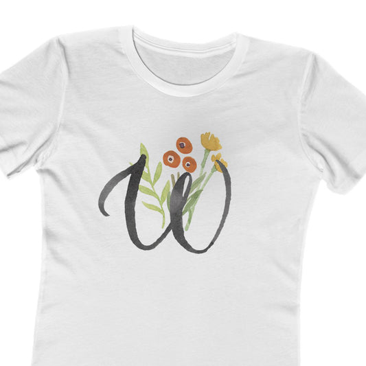Clothing Stuff > Shirts & Tops > Women's Slim Fit Tee Watercolor Flower Letter W T-Shirt – Garden Nerd Tee for Plant Moms