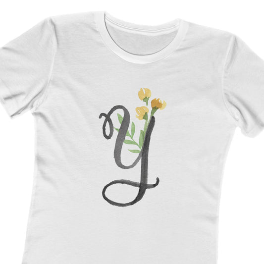 Clothing Stuff > Shirts & Tops > Women's Slim Fit Tee Watercolor Flower Letter Y T-Shirt – Garden Nerd Tee for Plant Moms