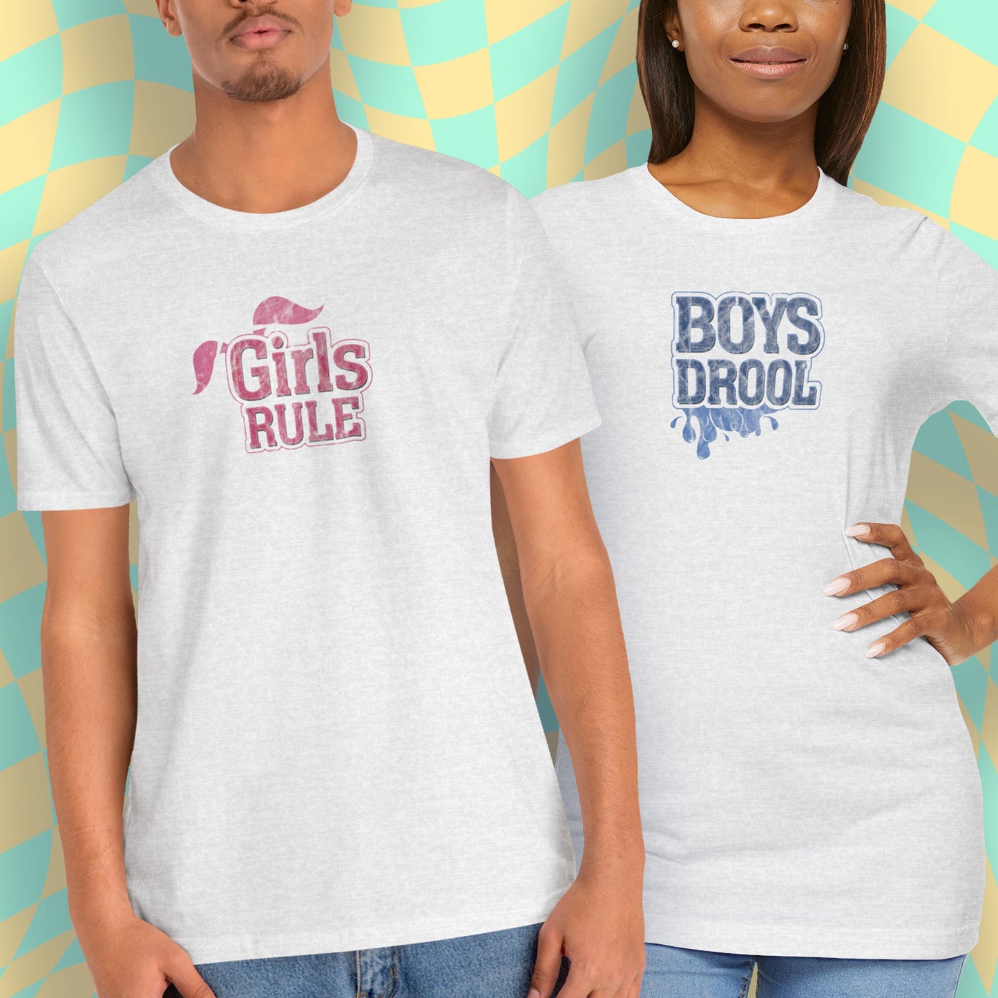 T-Shirt Girls Rule — Short Sleeve Jersey Tee — Unisex Lightweight Crewneck T-Shirt, Retro Distressed, for Couples (Funny Girls Rule, Boys Drool)