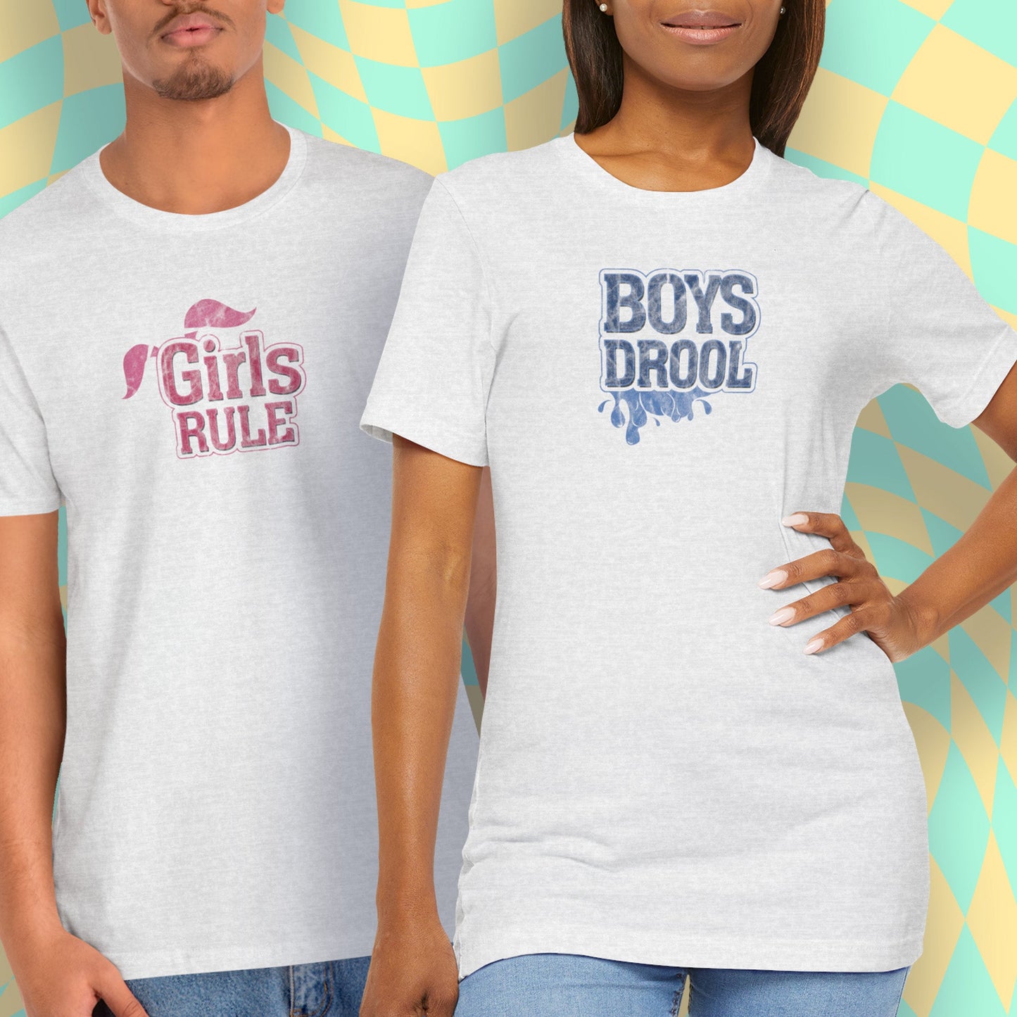 T-Shirt Boys Drool — Short Sleeve Jersey Tee — Unisex Lightweight Crewneck T-Shirt, Retro Distressed, for Couples (Funny Girls Rule, Boys Drool)
