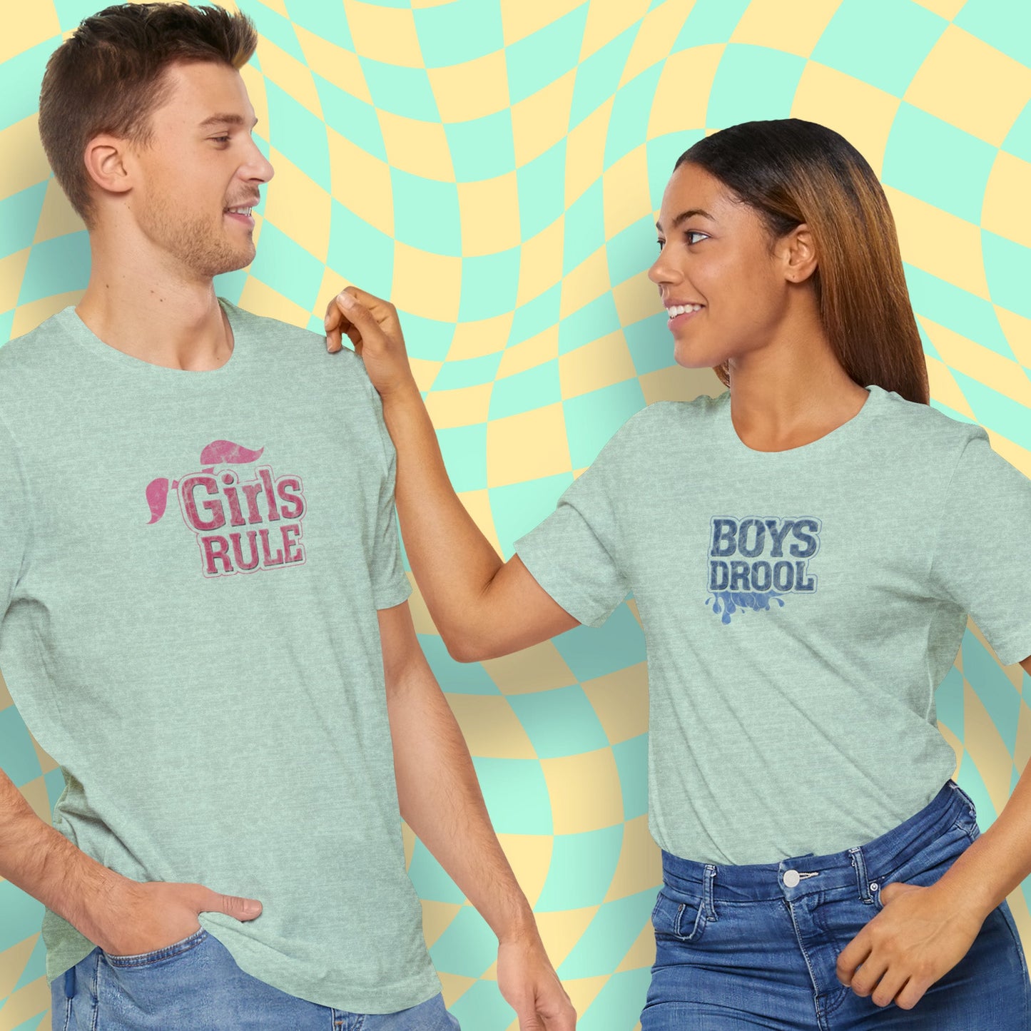 T-Shirt Boys Drool — Short Sleeve Jersey Tee — Unisex Lightweight Crewneck T-Shirt, Retro Distressed, for Couples (Funny Girls Rule, Boys Drool)