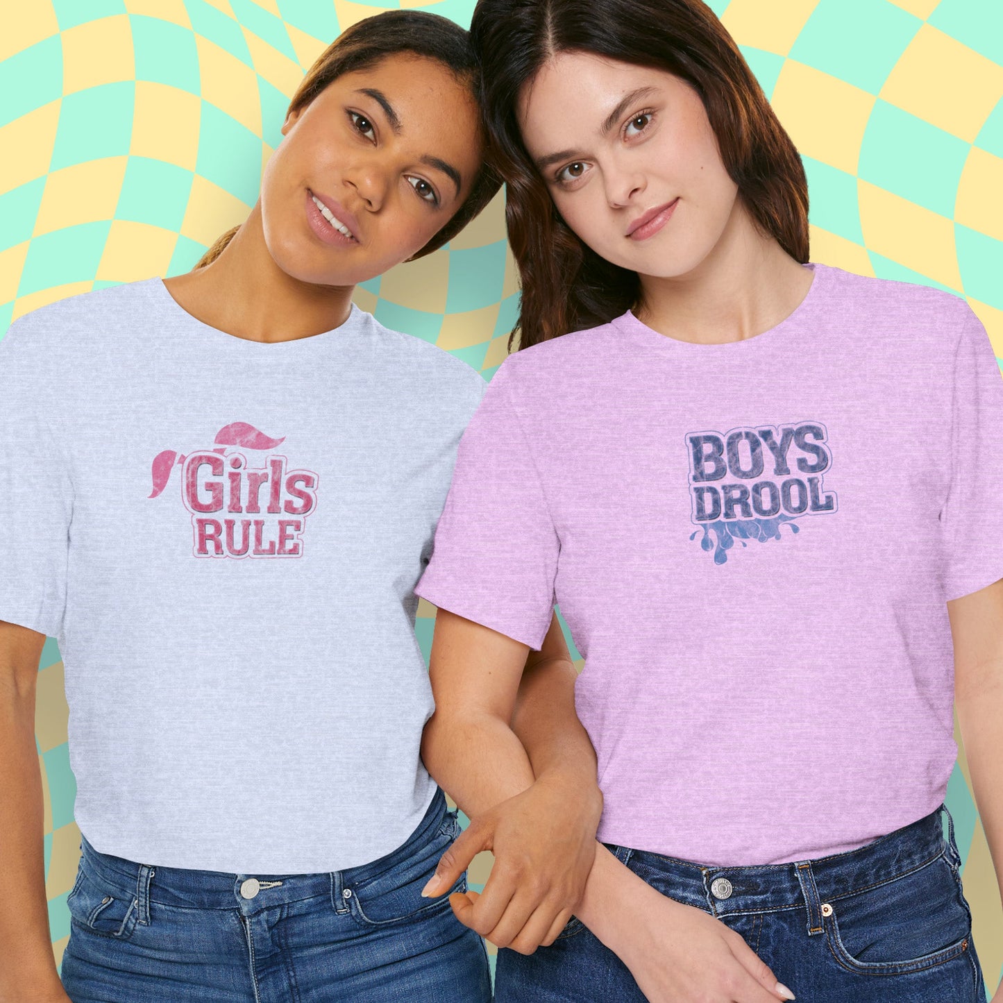 T-Shirt Boys Drool — Short Sleeve Jersey Tee — Unisex Lightweight Crewneck T-Shirt, Retro Distressed, for Couples (Funny Girls Rule, Boys Drool)