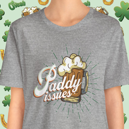 Funny Paddy Issues Irish Drinking T-Shirt with Retro Beer Mug Graphic for St. Patrick’s Day | closeup