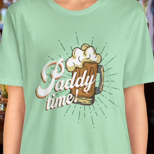 Funny Paddy Time Irish Beer T-Shirt with Retro Mug Graphic for St. Patrick’s Day Parties | closeup