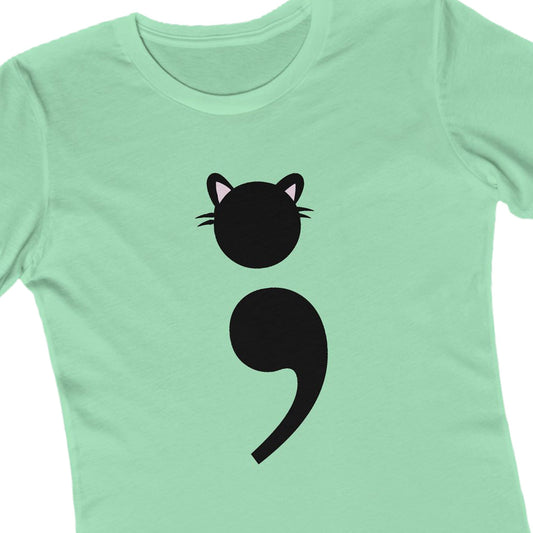 Funny cat mom shirt with nerdy punctuation humor | closeup