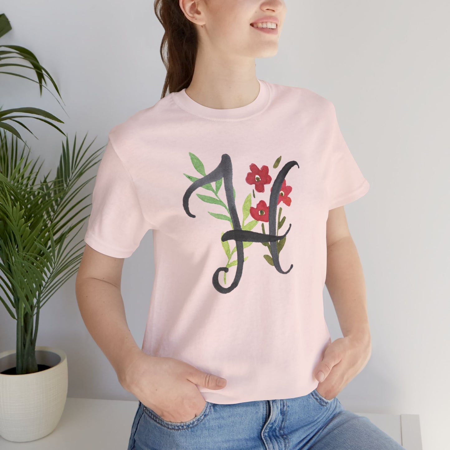 Clothing Stuff > Shirts & Tops > Unisex Jersey Tee Watercolor Flower Letter H T-Shirt – Garden Nerd Tee for Plant Moms