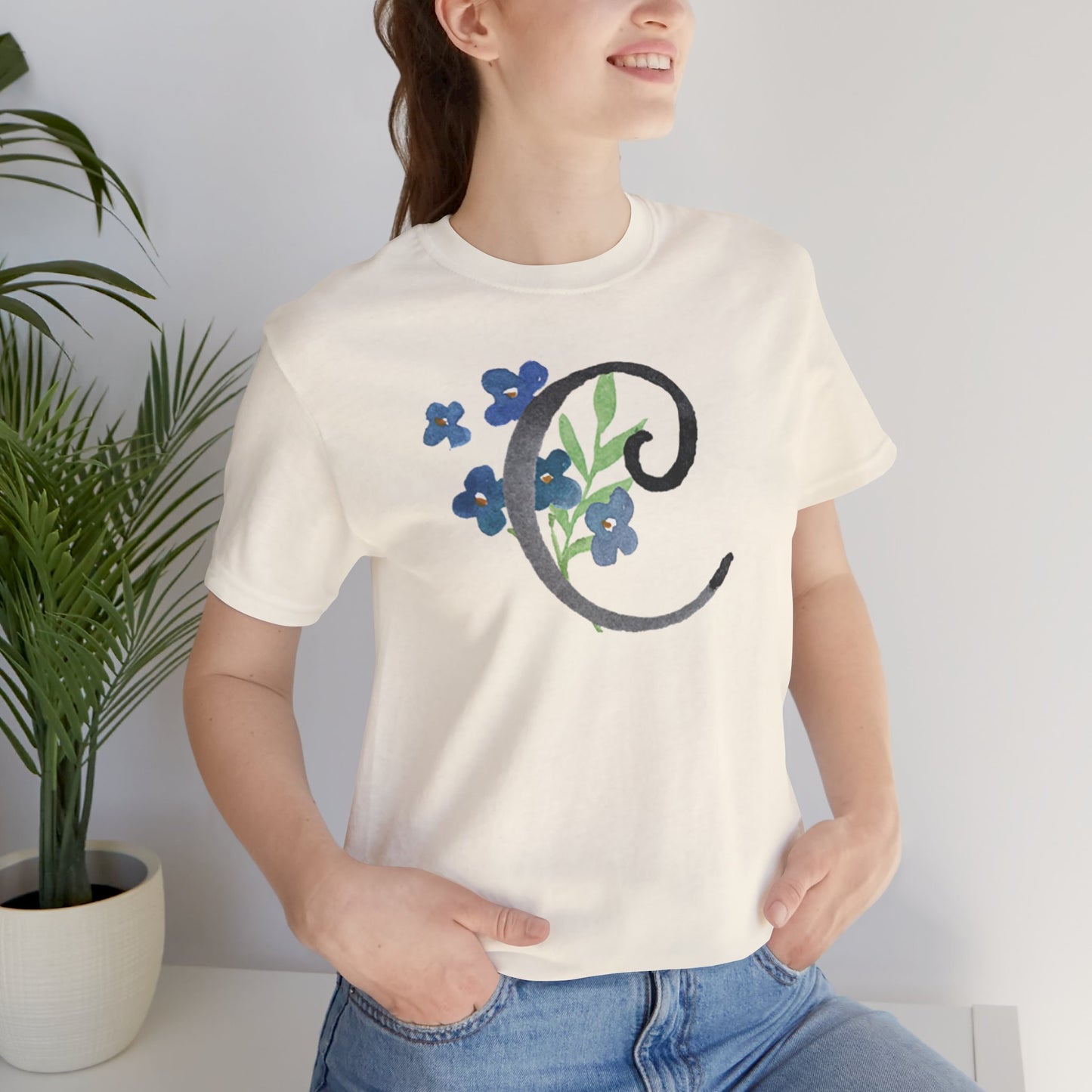Clothing Stuff > Shirts & Tops > Unisex Jersey Tee Watercolor Flower Letter C T-Shirt – Garden Nerd Tee for Plant Moms