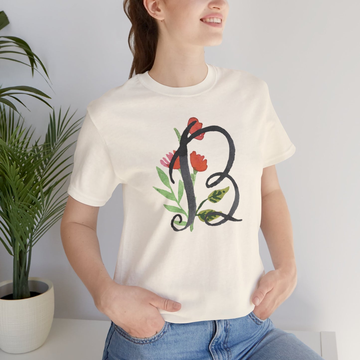 Clothing Stuff > Shirts & Tops > Unisex Jersey Tee Watercolor Flower Letter B T-Shirt – Garden Nerd Tee for Plant Moms