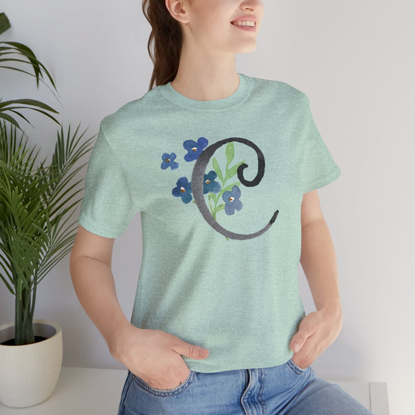 Clothing Stuff > Shirts & Tops > Unisex Jersey Tee Watercolor Flower Letter C T-Shirt – Garden Nerd Tee for Plant Moms