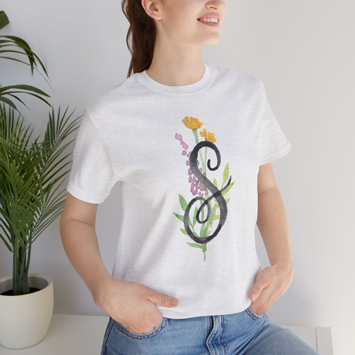 Clothing Stuff > Shirts & Tops > Unisex Jersey Tee Watercolor Flower Letter S T-Shirt – Garden Nerd Tee for Plant Moms