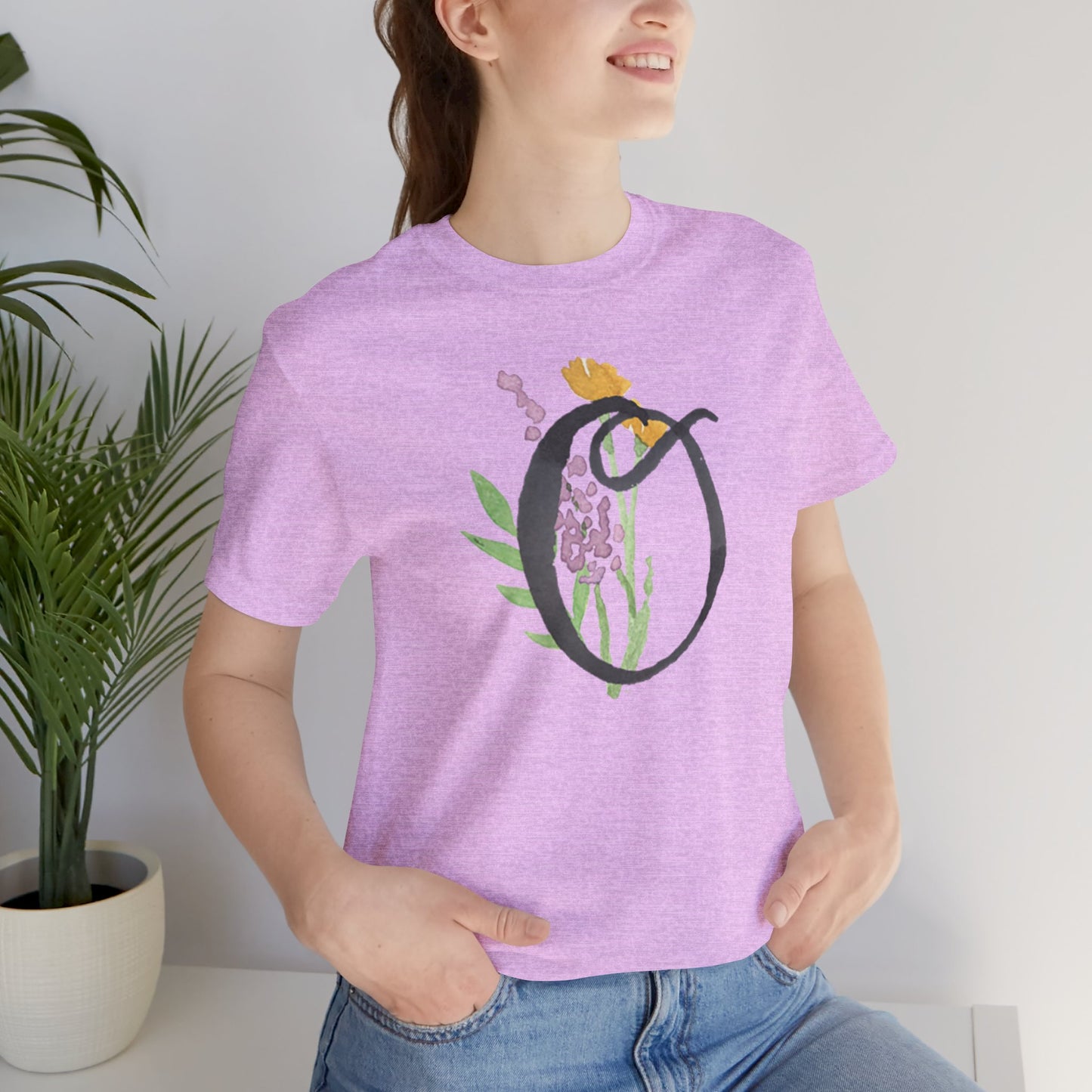 Clothing Stuff > Shirts & Tops > Unisex Jersey Tee Watercolor Flower Letter O T-Shirt – Garden Nerd Tee for Plant Moms