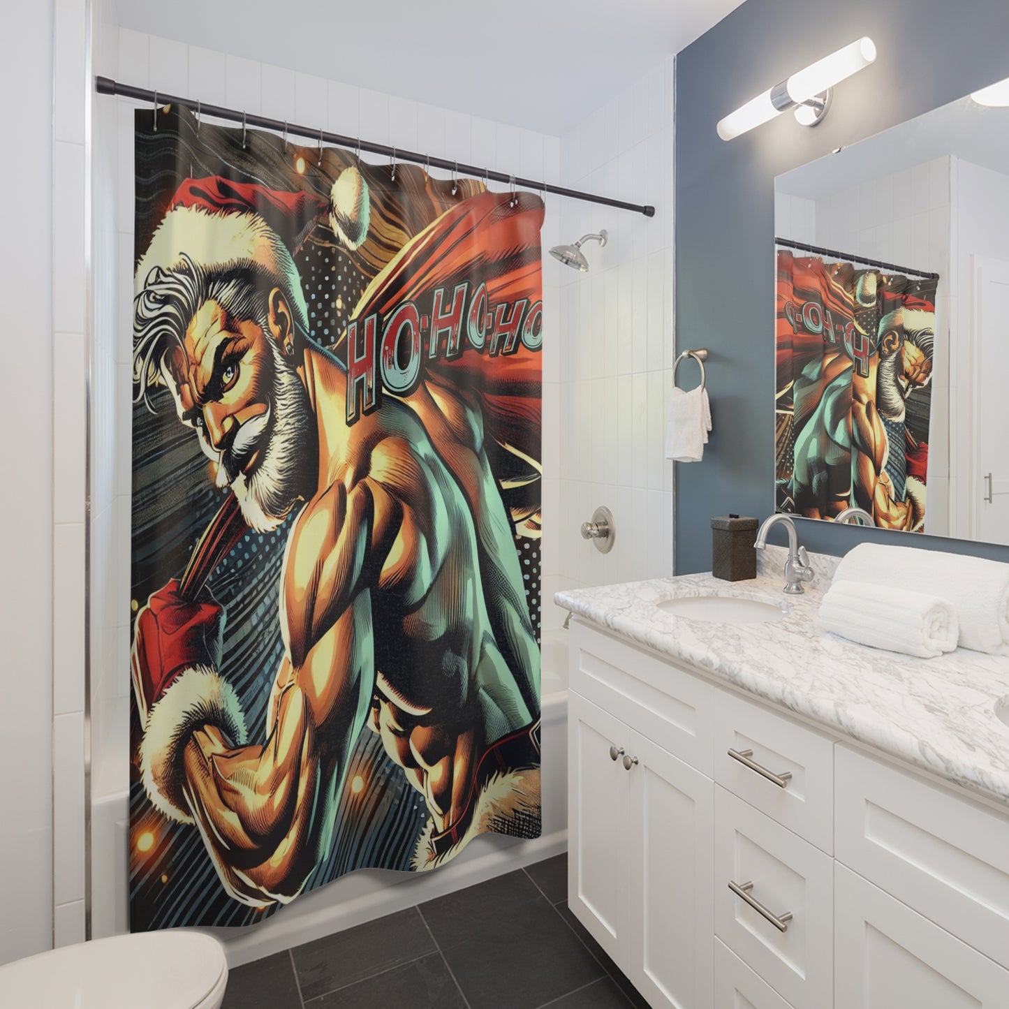 Ho-Ho-Ho! Naughty Santa Claus Shower Curtain | Big Hanging Sack Festive Bathroom Humor