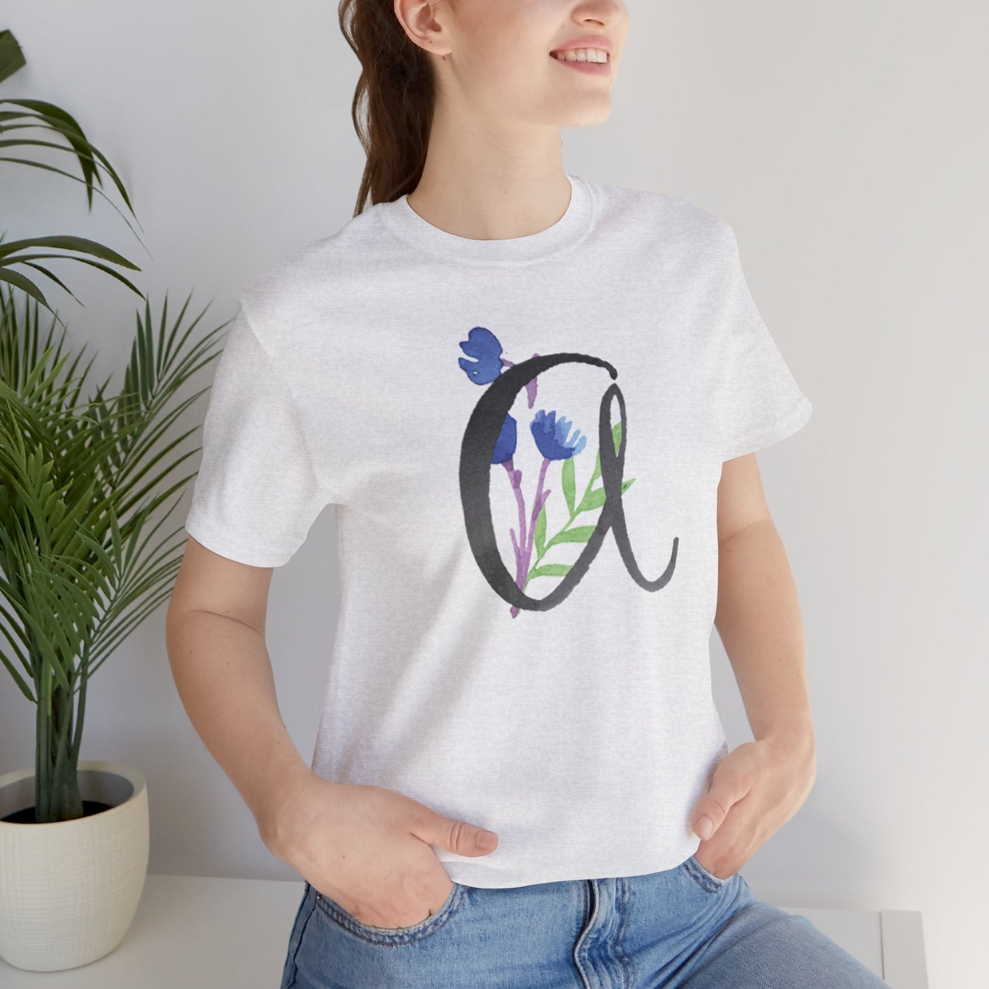 Clothing Stuff > Shirts & Tops > Unisex Jersey Tee Watercolor Flower Letter A T-Shirt – Garden Nerd Tee for Plant Moms