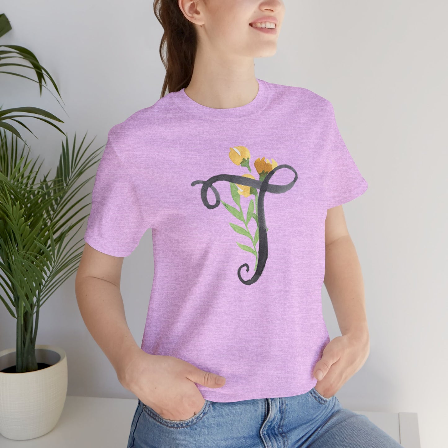 Clothing Stuff > Shirts & Tops > Unisex Jersey Tee Watercolor Flower Letter T T-Shirt – Garden Nerd Tee for Plant Moms