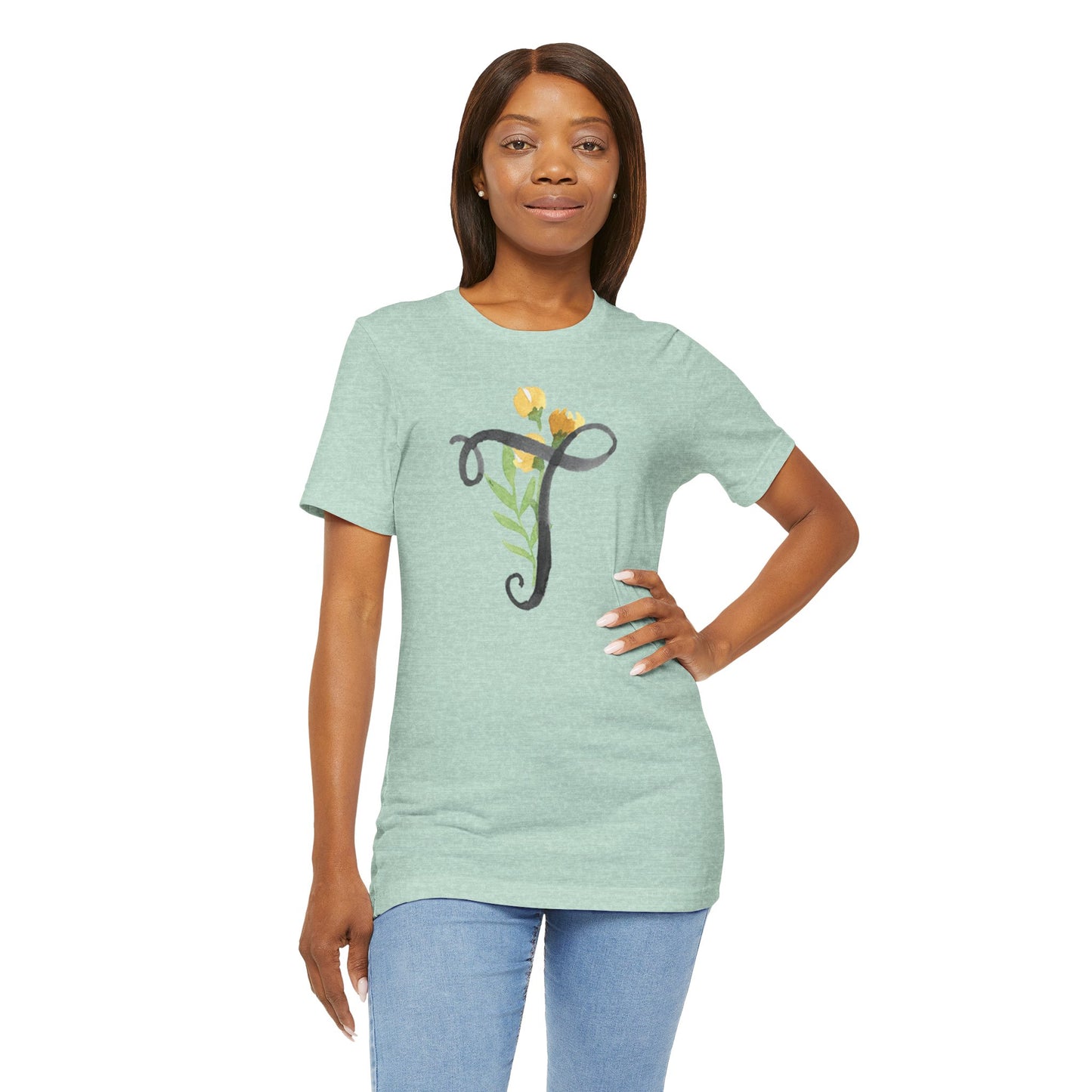 Clothing Stuff > Shirts & Tops > Unisex Jersey Tee Watercolor Flower Letter T T-Shirt – Garden Nerd Tee for Plant Moms