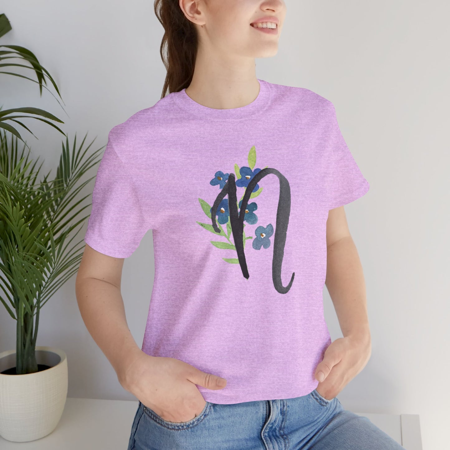 Clothing Stuff > Shirts & Tops > Unisex Jersey Tee Watercolor Flower Letter N T-Shirt – Garden Nerd Tee for Plant Moms