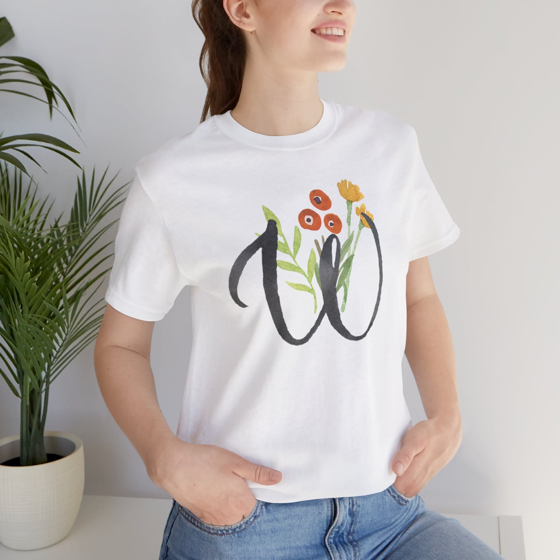 Clothing Stuff > Shirts & Tops > Unisex Jersey Tee Watercolor Flower Letter W T-Shirt – Garden Nerd Tee for Plant Moms