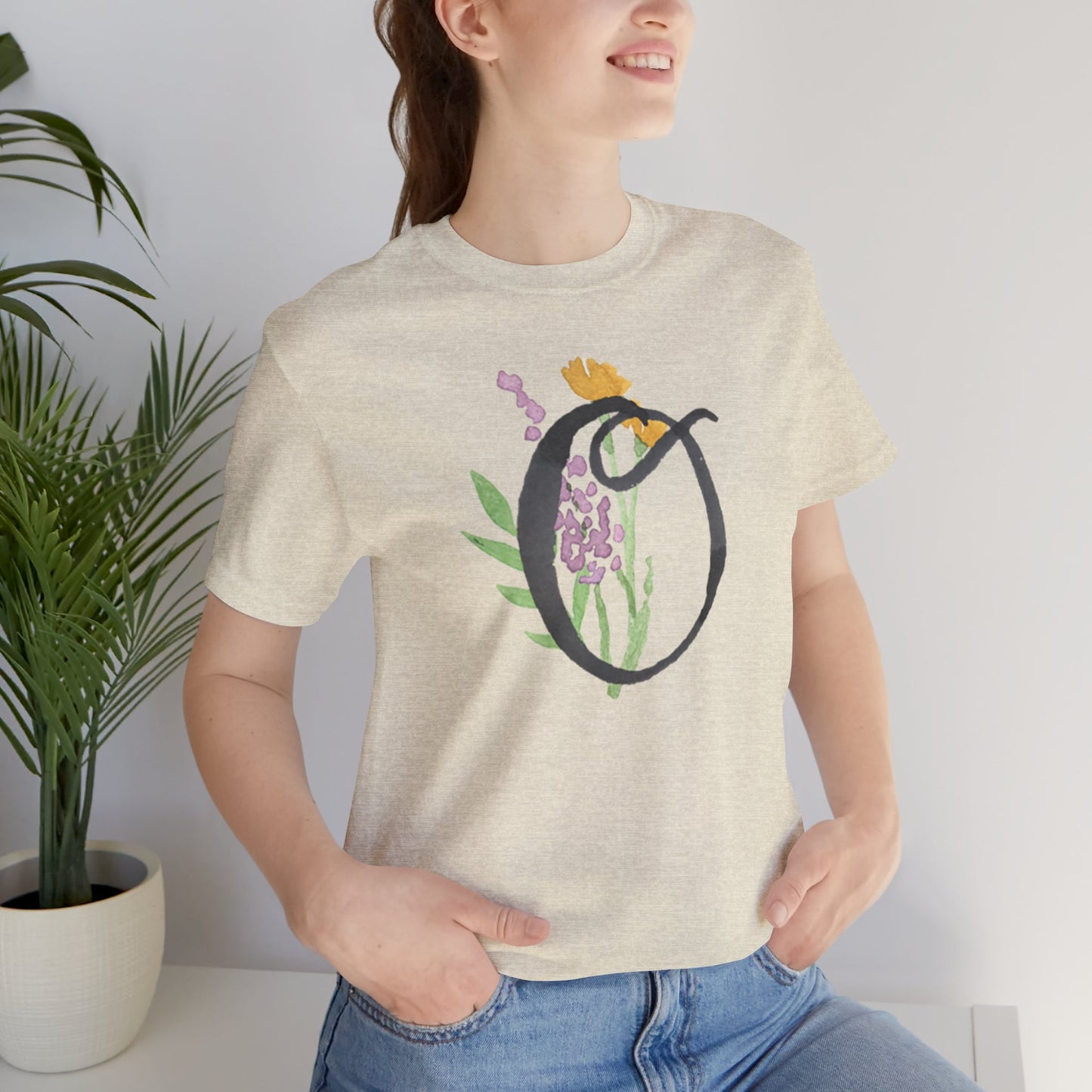 Clothing Stuff > Shirts & Tops > Unisex Jersey Tee Watercolor Flower Letter O T-Shirt – Garden Nerd Tee for Plant Moms