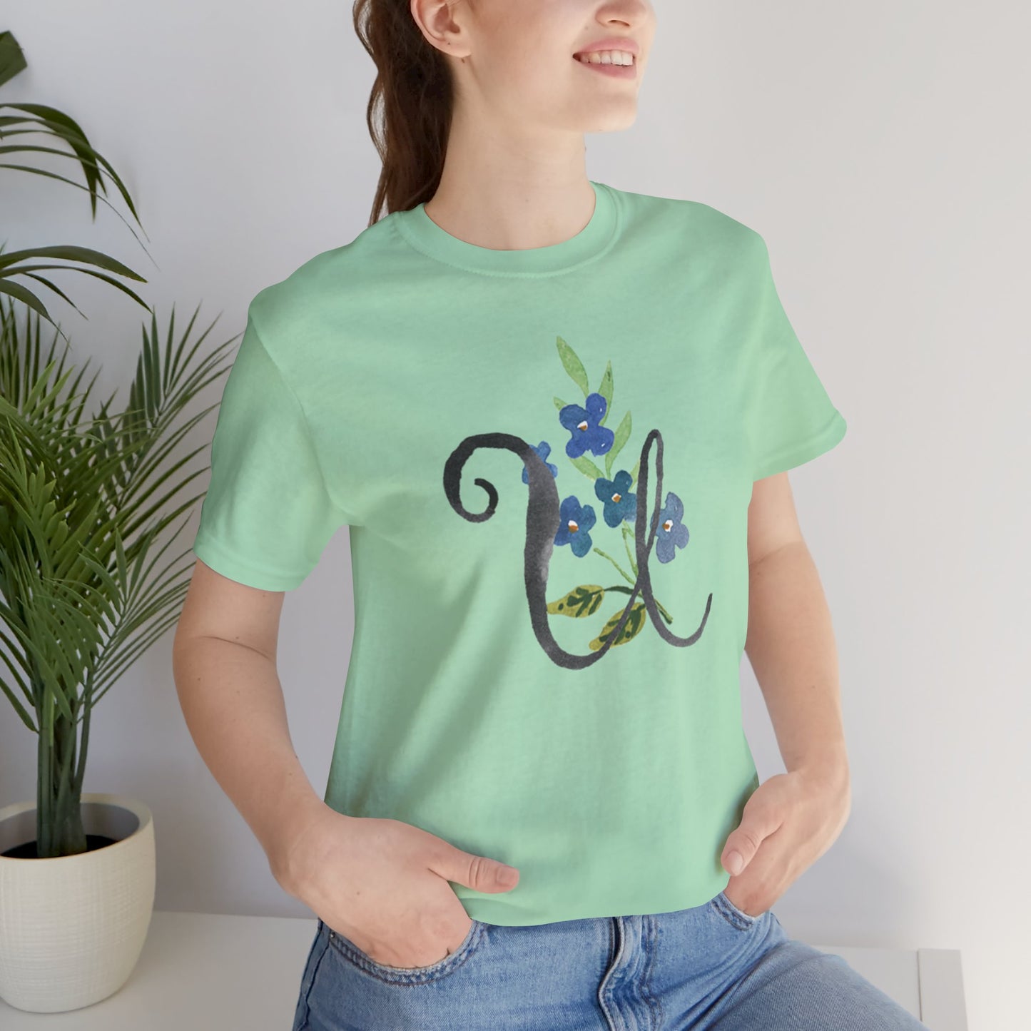 Clothing Stuff > Shirts & Tops > Unisex Jersey Tee Watercolor Flower Letter U T-Shirt – Garden Nerd Tee for Plant Moms