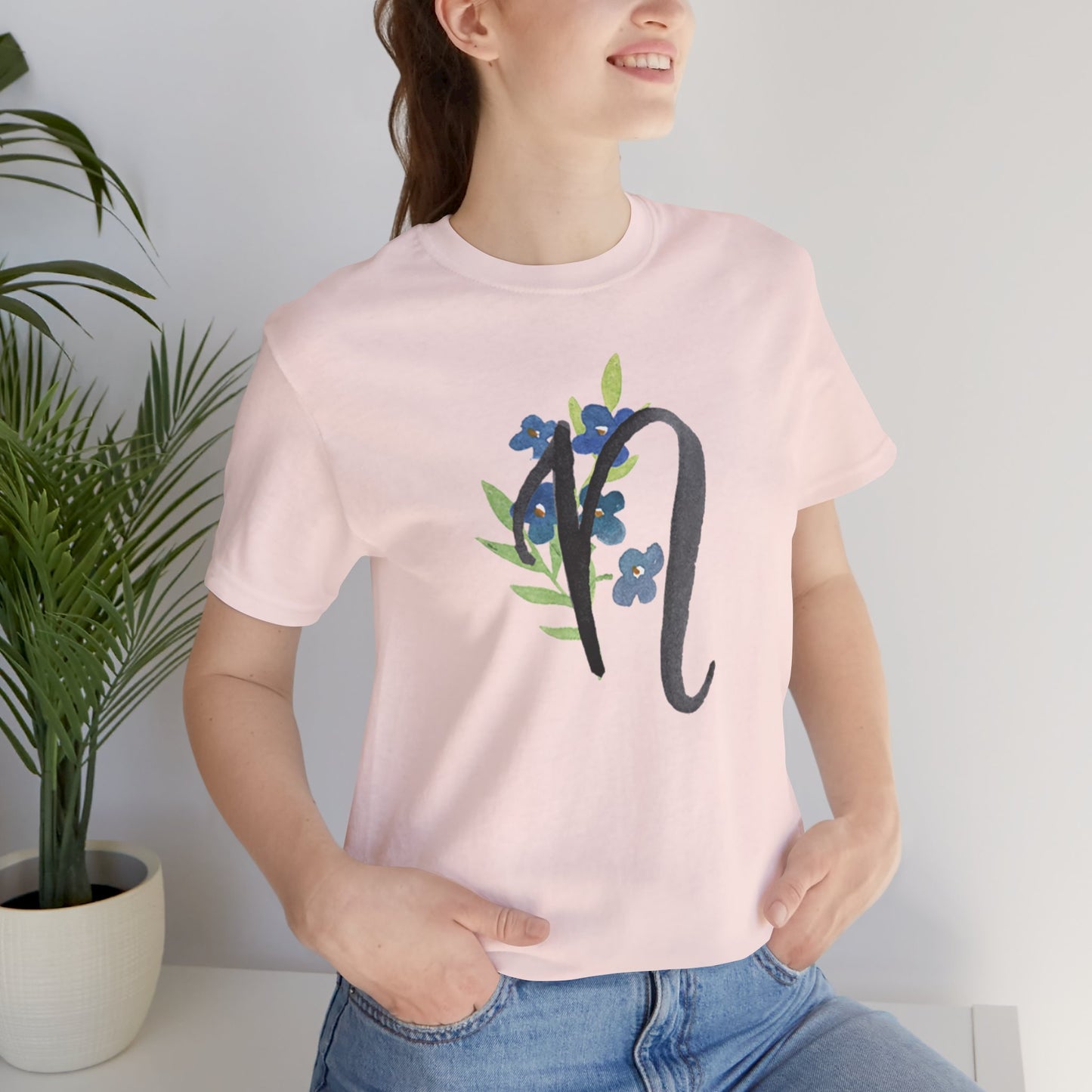 Clothing Stuff > Shirts & Tops > Unisex Jersey Tee Watercolor Flower Letter N T-Shirt – Garden Nerd Tee for Plant Moms