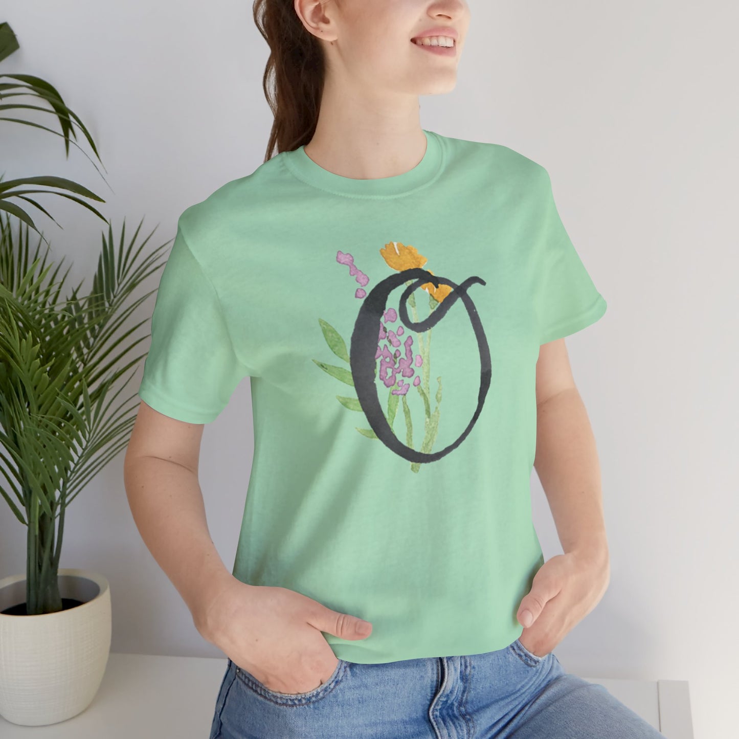 Clothing Stuff > Shirts & Tops > Unisex Jersey Tee Watercolor Flower Letter O T-Shirt – Garden Nerd Tee for Plant Moms