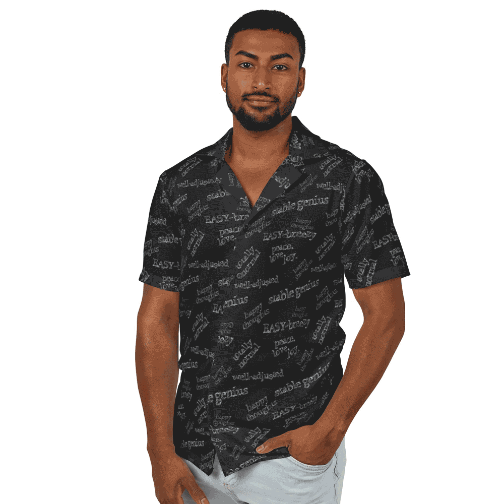 Clothing Stuff > Shirts & Tops > Hawaiian Camp Shirt Ironic Sayings All-Over Print Hawaiian Camp Shirt – Funny Black Summer Statement