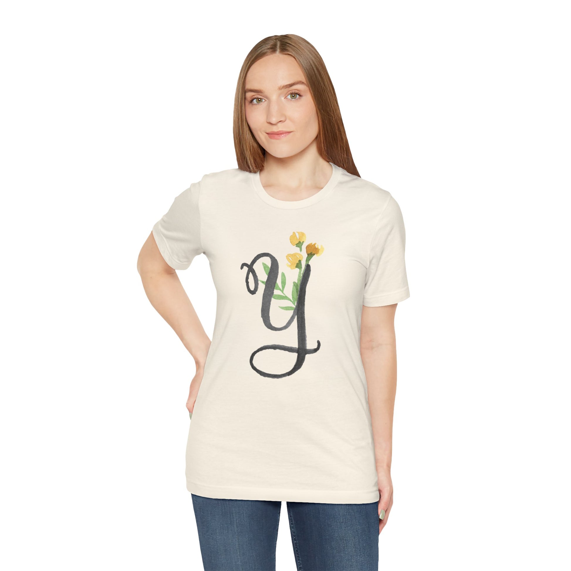 Clothing Stuff > Shirts & Tops > Unisex Jersey Tee Watercolor Flower Letter Y T-Shirt – Garden Nerd Tee for Plant Moms