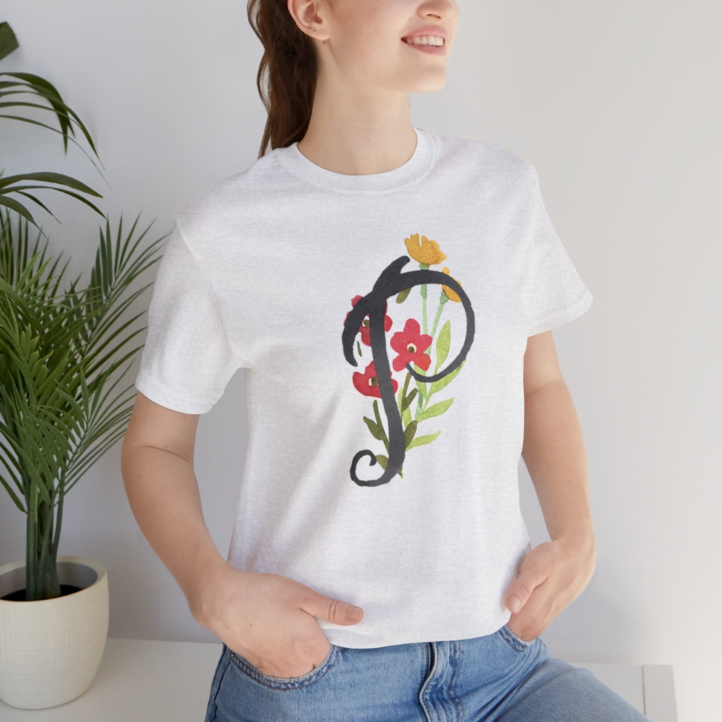 Clothing Stuff > Shirts & Tops > Unisex Jersey Tee Watercolor Flower Letter P T-Shirt – Garden Nerd Tee for Plant Moms