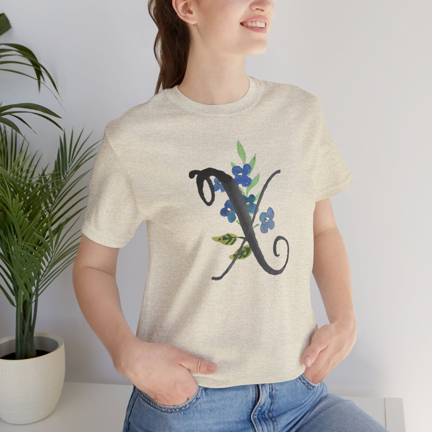 Clothing Stuff > Shirts & Tops > Unisex Jersey Tee Watercolor Flower Letter X T-Shirt – Garden Nerd Tee for Plant Moms