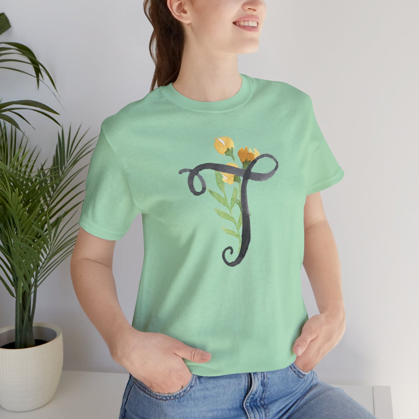 Clothing Stuff > Shirts & Tops > Unisex Jersey Tee Watercolor Flower Letter T T-Shirt – Garden Nerd Tee for Plant Moms
