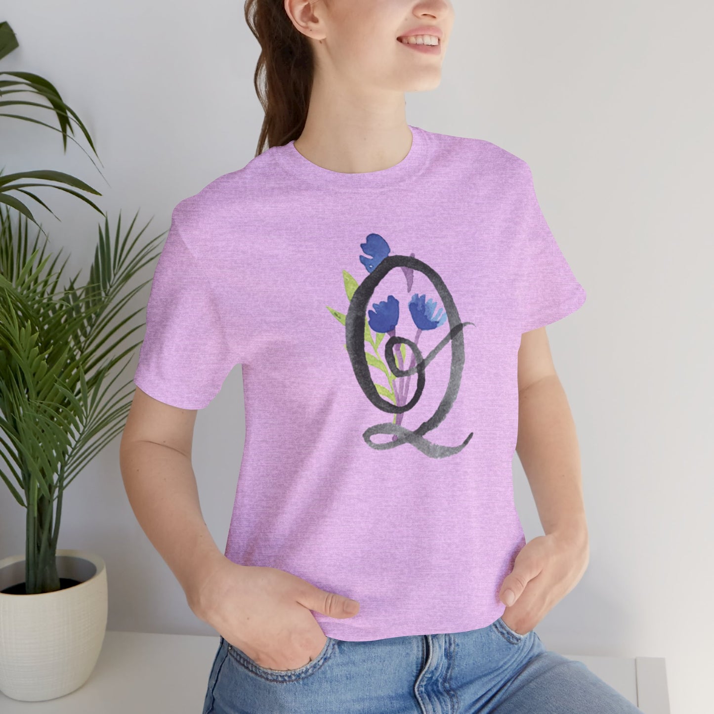 Clothing Stuff > Shirts & Tops > Unisex Jersey Tee Watercolor Flower Letter Q T-Shirt – Garden Nerd Tee for Plant Moms