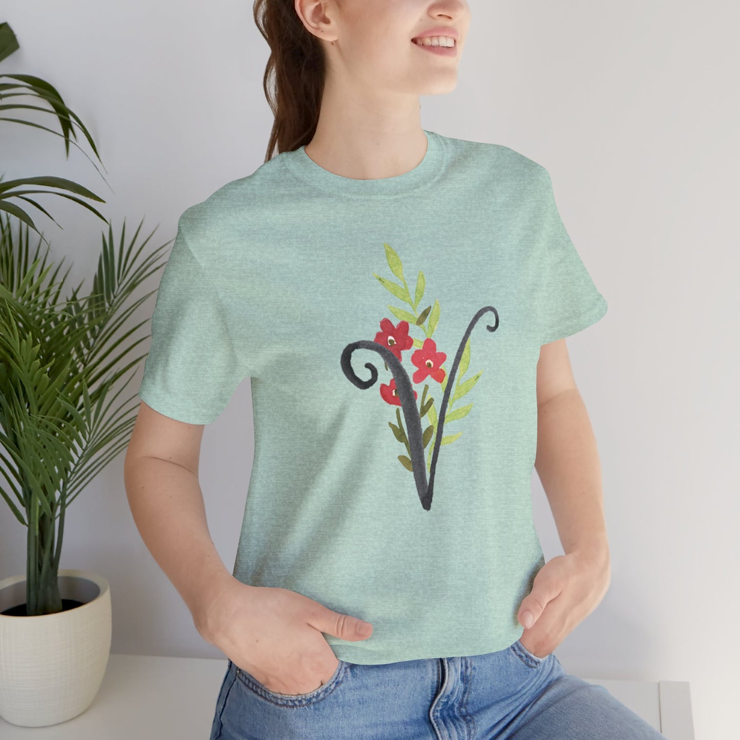 Clothing Stuff > Shirts & Tops > Unisex Jersey Tee Watercolor Flower Letter V T-Shirt – Garden Nerd Tee for Plant Moms