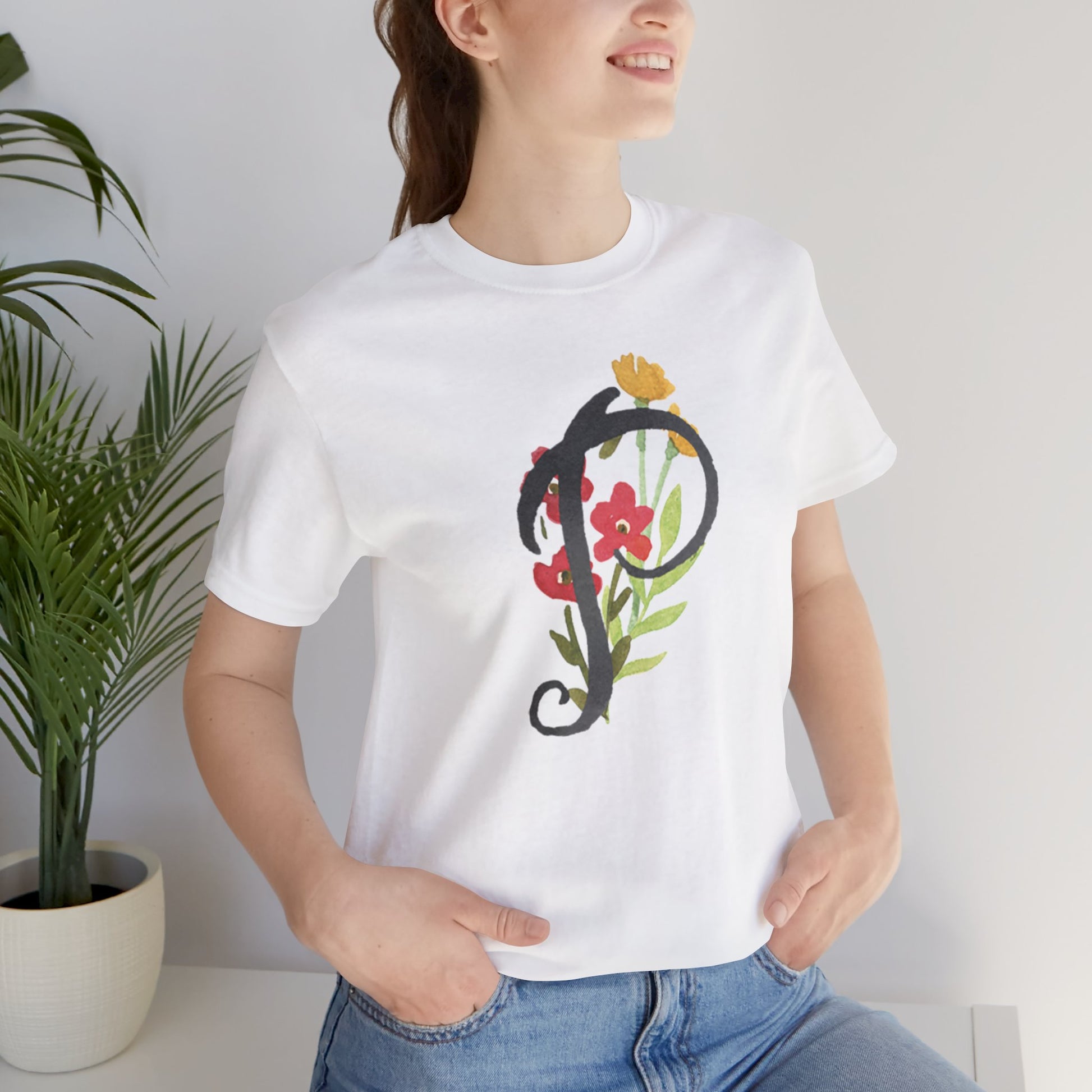 Clothing Stuff > Shirts & Tops > Unisex Jersey Tee Watercolor Flower Letter P T-Shirt – Garden Nerd Tee for Plant Moms