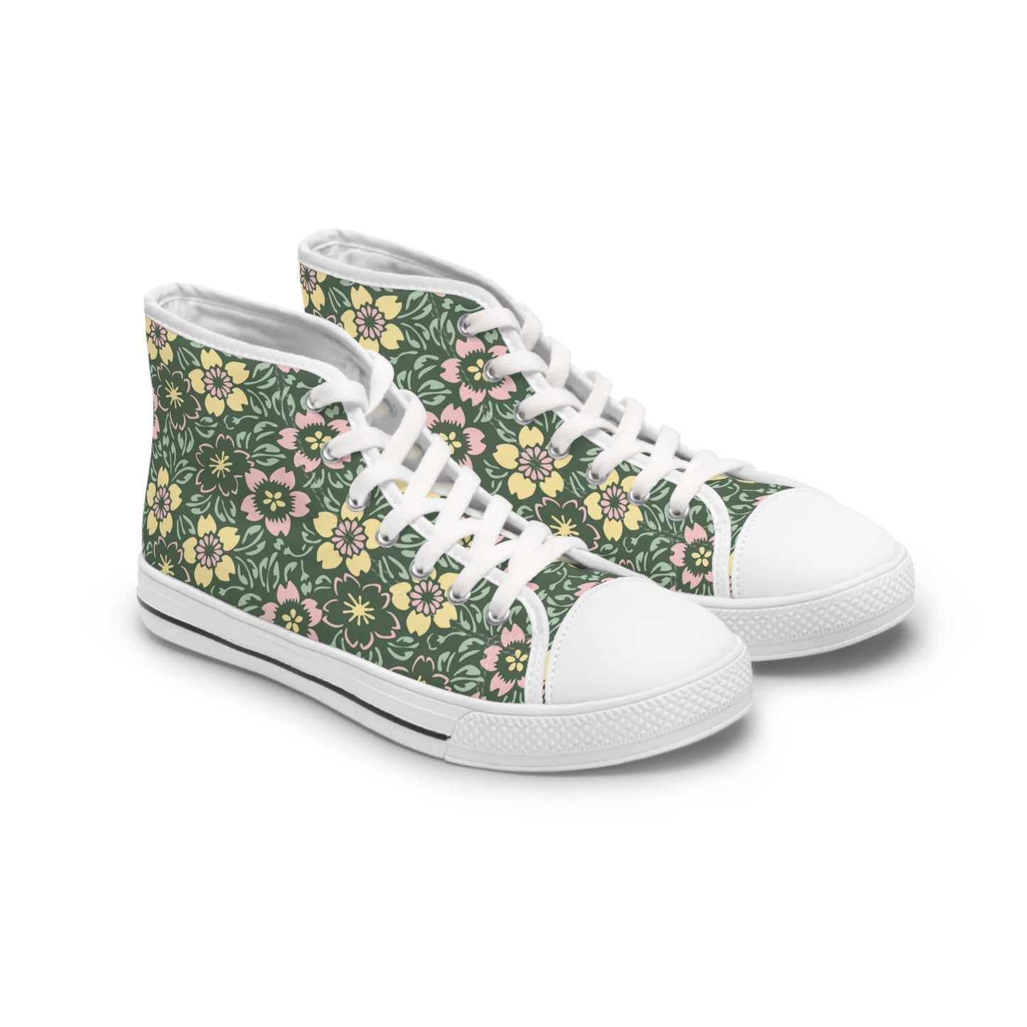 US-12-White-sole Shoes Cute Retro Floral Women’s High-Top Sneakers | Happy Green Garden Fresh Shoes for Flower Lovers