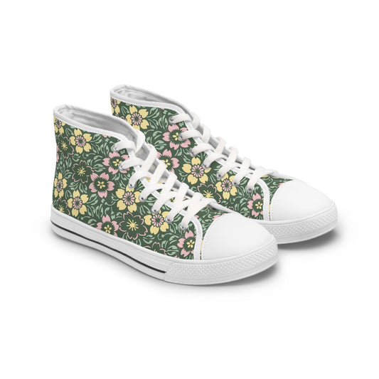 US-12-White-sole Shoes Cute Retro Floral Women’s High-Top Sneakers | Happy Green Garden Fresh Shoes for Flower Lovers