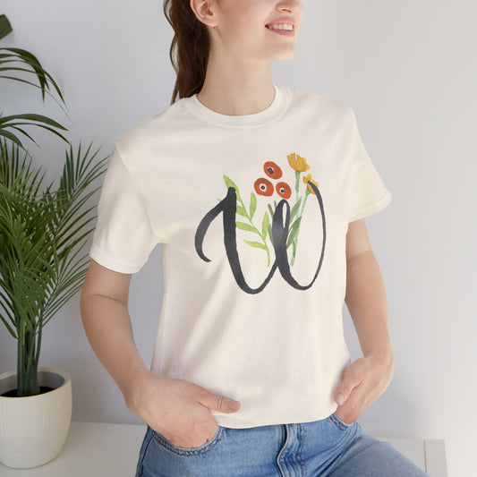 Clothing Stuff > Shirts & Tops > Unisex Jersey Tee Watercolor Flower Letter W T-Shirt – Garden Nerd Tee for Plant Moms
