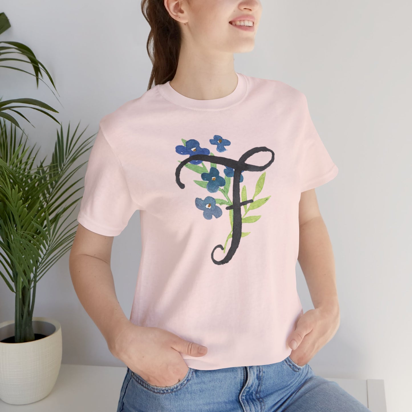 Clothing Stuff > Shirts & Tops > Unisex Jersey Tee Watercolor Flower Letter F T-Shirt – Garden Nerd Tee for Plant Moms