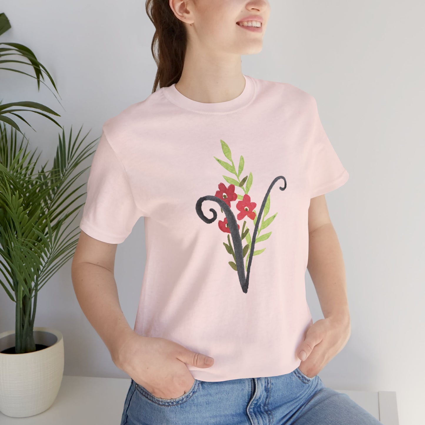 Clothing Stuff > Shirts & Tops > Unisex Jersey Tee Watercolor Flower Letter V T-Shirt – Garden Nerd Tee for Plant Moms