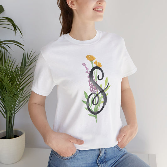 Clothing Stuff > Shirts & Tops > Unisex Jersey Tee Watercolor Flower Letter S T-Shirt – Garden Nerd Tee for Plant Moms