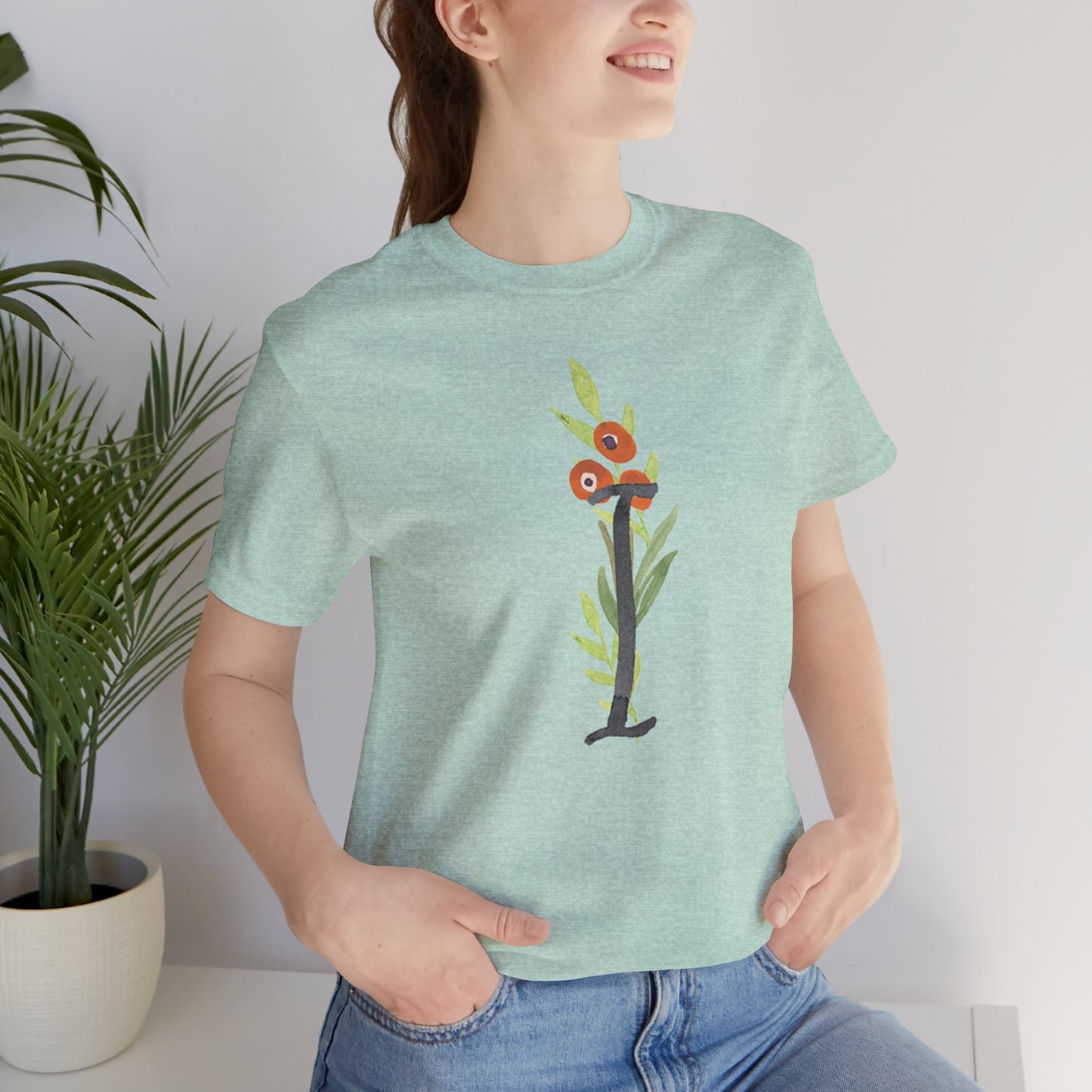 Clothing Stuff > Shirts & Tops > Unisex Jersey Tee Watercolor Flower Letter I T-Shirt – Garden Nerd Tee for Plant Moms