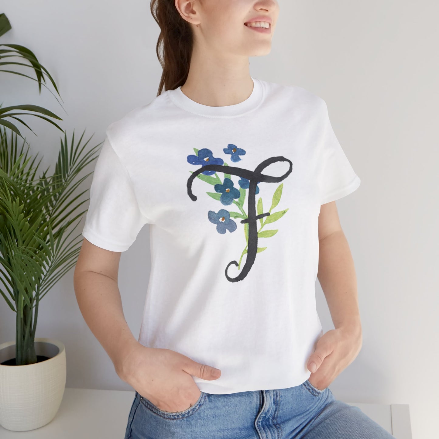 Clothing Stuff > Shirts & Tops > Unisex Jersey Tee Watercolor Flower Letter F T-Shirt – Garden Nerd Tee for Plant Moms